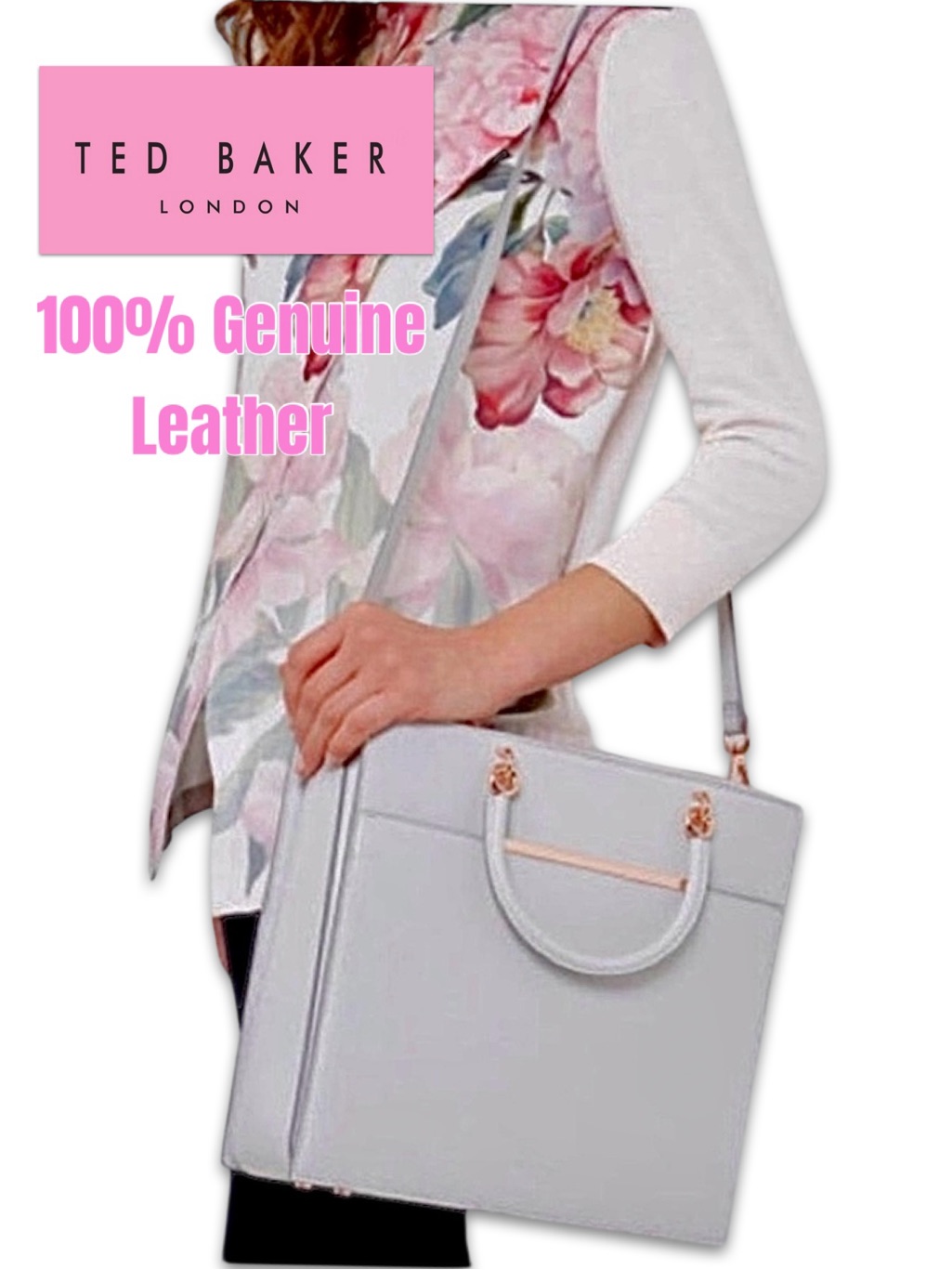 Ted Baker London Maureen Genuine Leather Tote Bag Gray Convertible Large Satchel